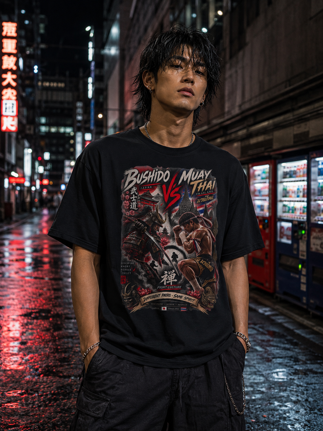 Bushido vs Muay Thai T-Shirt — Samurai Fighter Streetwear Herren Damen