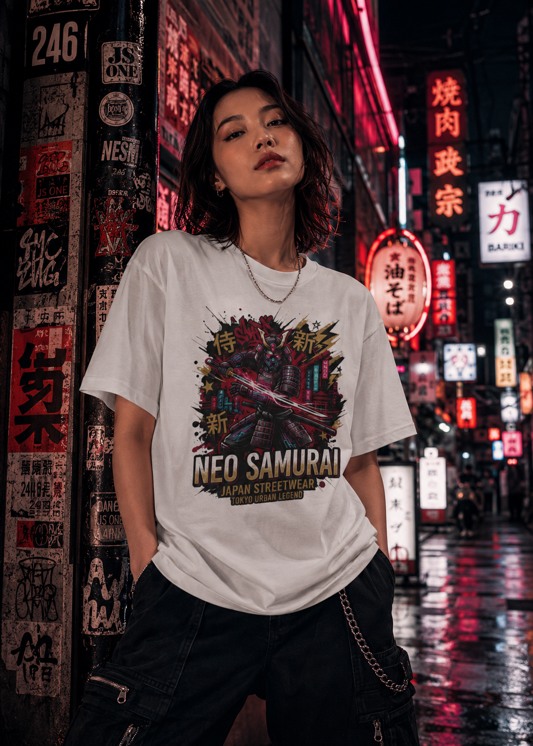 Neo Samurai T-Shirt getragen Streetstyle Tokyo Nacht Neon Japanese Streetwear