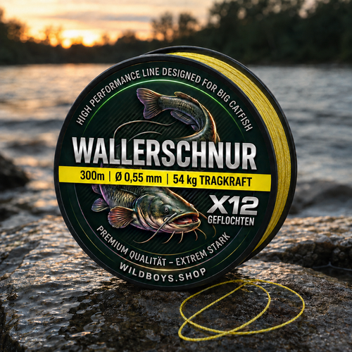 Wild Boys Mega X12 Wallerschnur 0,55 mm 300 m & 1000 m — 12-fach geflochten Gelb | 54 kg Premium