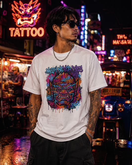Graffiti Oni Maske T-Shirt — Japanese Streetwear Neon Dämon Herren Damen