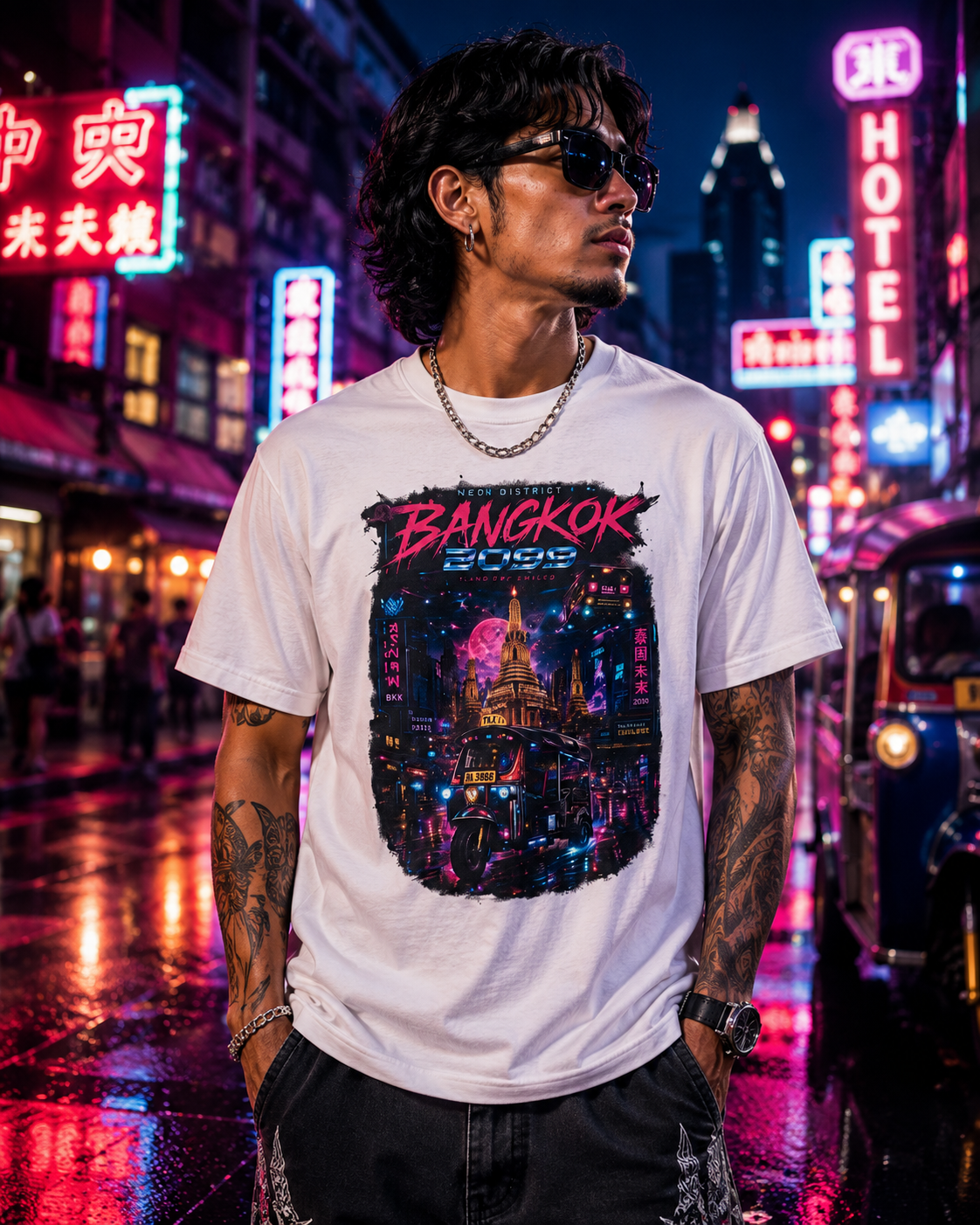 Bangkok 2099 T-Shirt – Cyberpunk Neon Skyline Streetwear Herren Damen