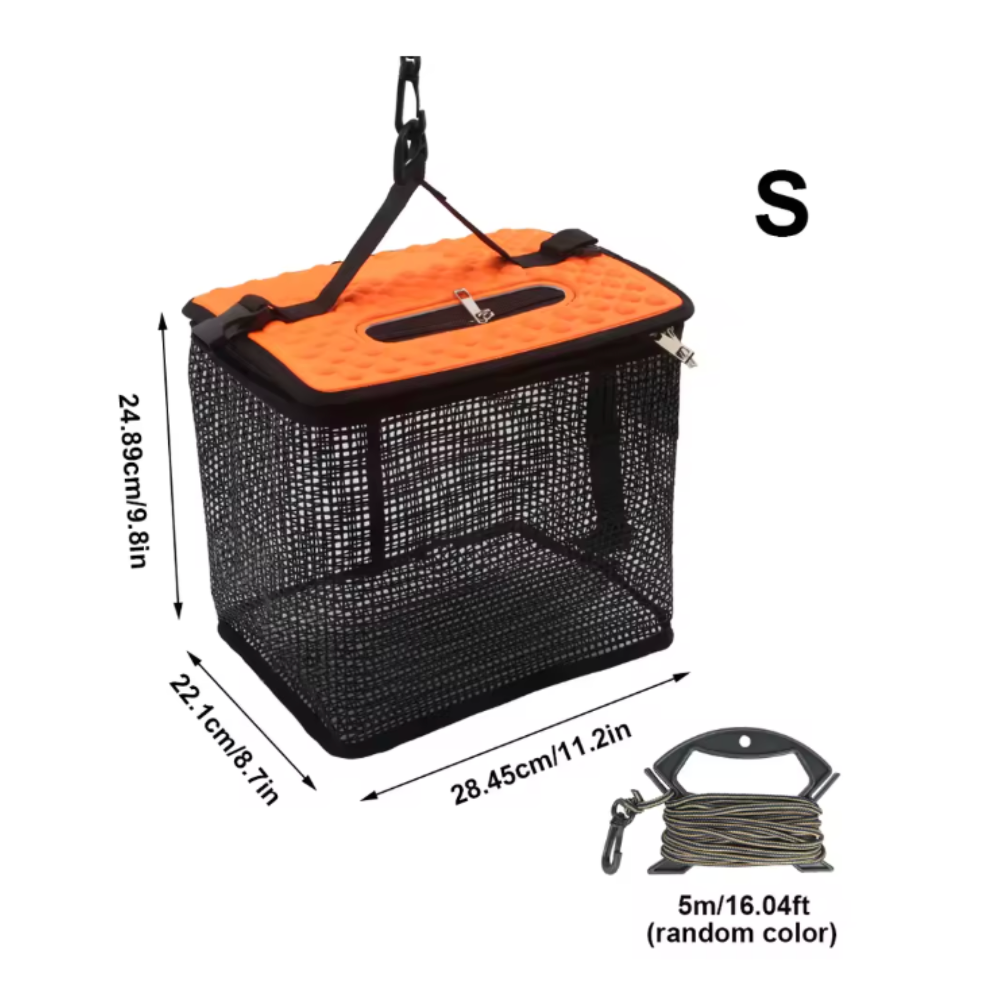 Schwimmkorb aufgebaut mit Maßangaben 28,45 × 22,1 × 24,89 cm und 5 m Seil – orange-schwarzer Köderfischkorb mit Reißverschluss und Karabiner