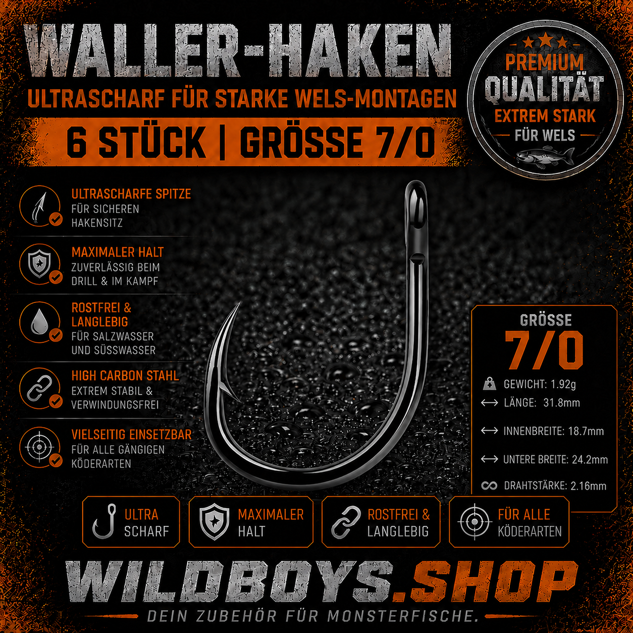 Waller Haken ultrascharf 6 Stück – Premium Welshaken Einzelhaken High Carbon
