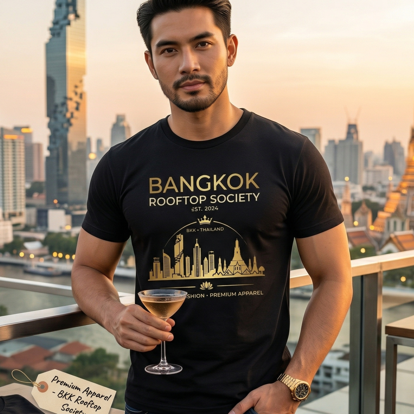 Bangkok Rooftop Society T-Shirt — Thailand Skyline Streetwear Graphic Tee | Thailand Geschenk – Angelschnur Detailansicht