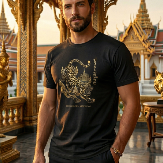 Herren T-Shirt Golden Kingdom Thailand – schwarzes Shirt mit goldenem Tiger- und Tempel-Motiv, getragen von einem Mann vor thailändischem Tempel-Hintergrund