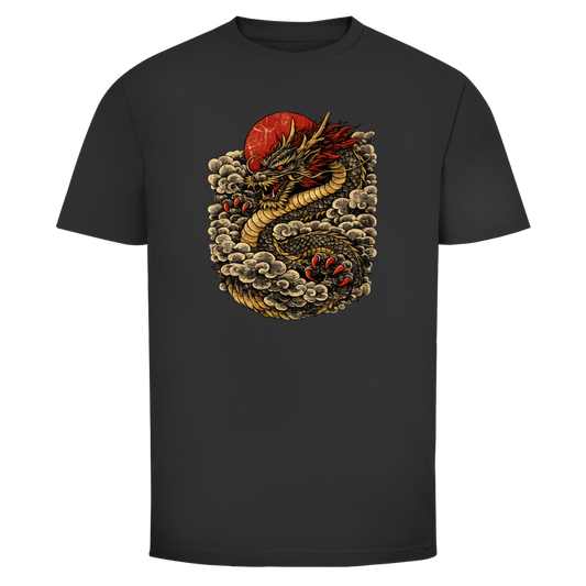 Schwarzes T-Shirt für Herren mit goldenem Drachen Design und roter Sonne im asiatischen Stil, inspiriert von Japan und Streetwear Kultur