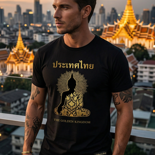 Buddha T-Shirt — Golden Kingdom Thailand Spiritual Graphic Tee | Buddhistisches Geschenk – T-Shirt Designdetail Nahaufnahme