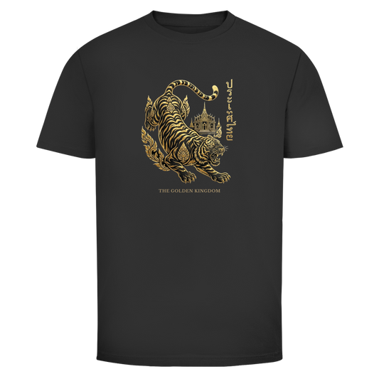 Golden Kingdom Thailand Tiger T-Shirt mit goldener Tiger Grafik und thailändischer Schrift auf schwarzem Shirt, asiatisches Streetwear Design inspiriert von Thailand Kultur und Stärke