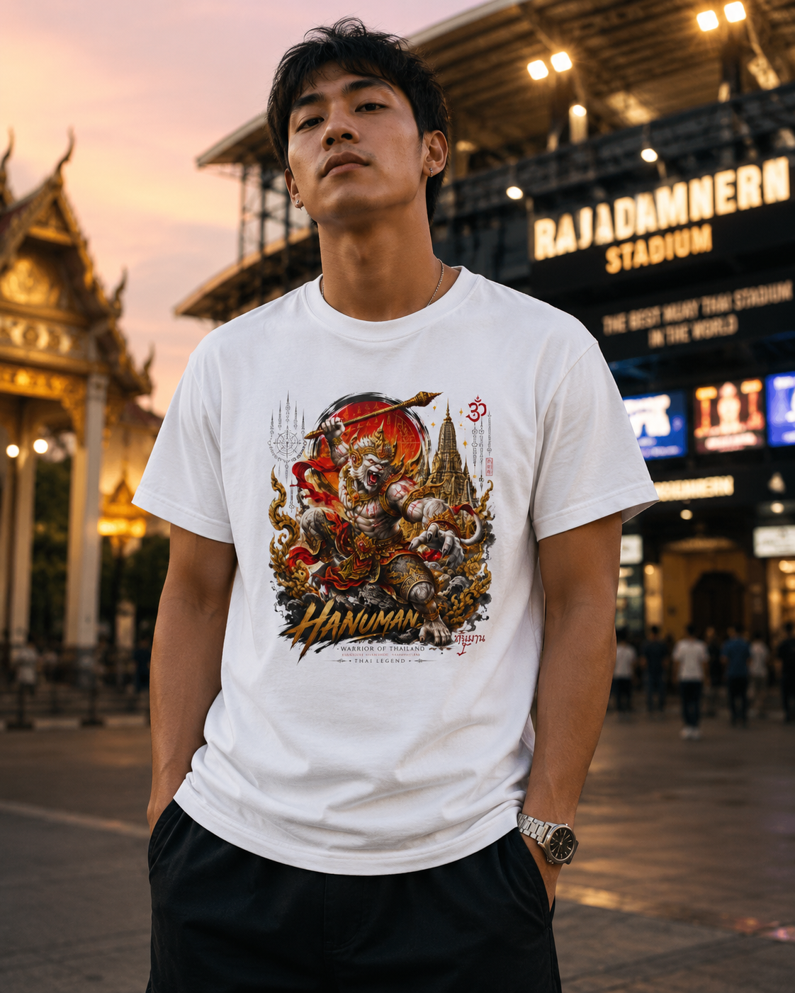 Hanuman T-Shirt am Model — Muay Thai Streetwear vor dem Rajadamnern Stadium