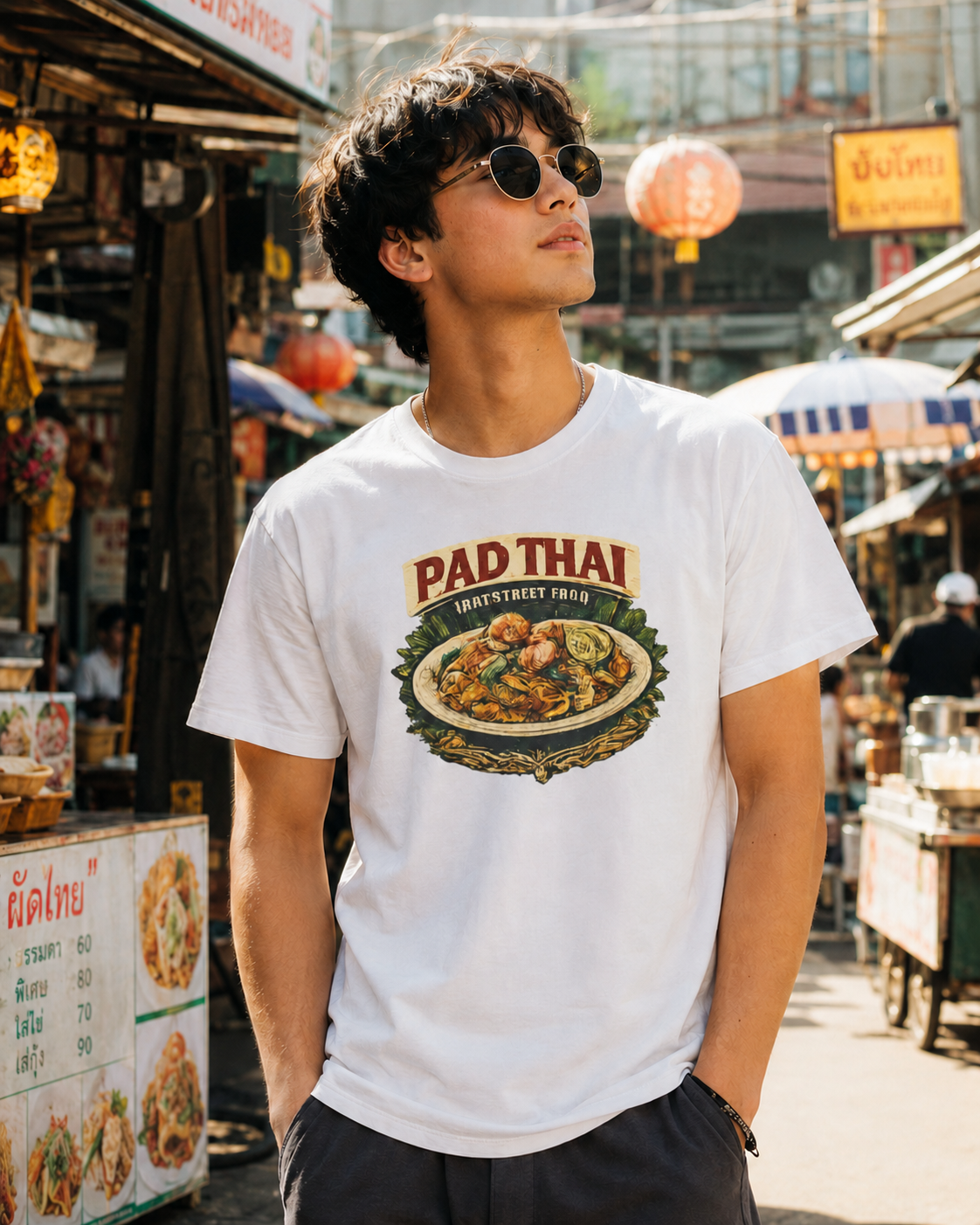 Pad Thai T-Shirt Lifestyle Mockup – Wild Boys Streetwear auf Bangkok Street Market