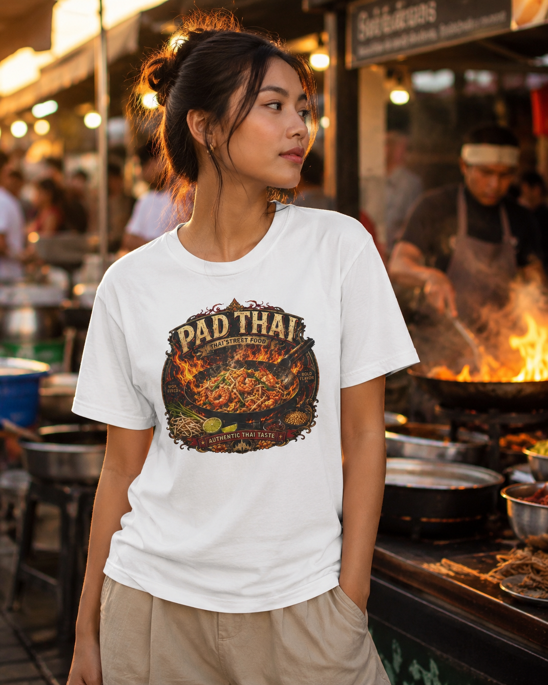 Pad Thai Wok Fired T-Shirt Lifestyle Mockup – Wild Boys Streetwear am Thai Street Food Markt