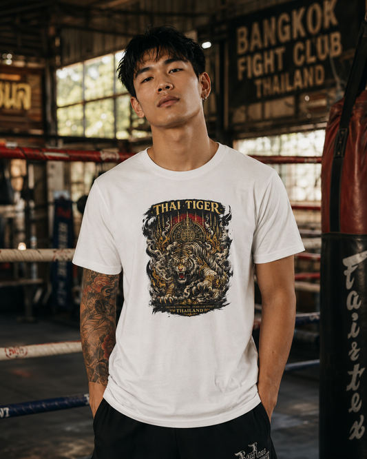 Thai Tiger T-Shirt am Model — Muay Thai Gym Bangkok Szene
