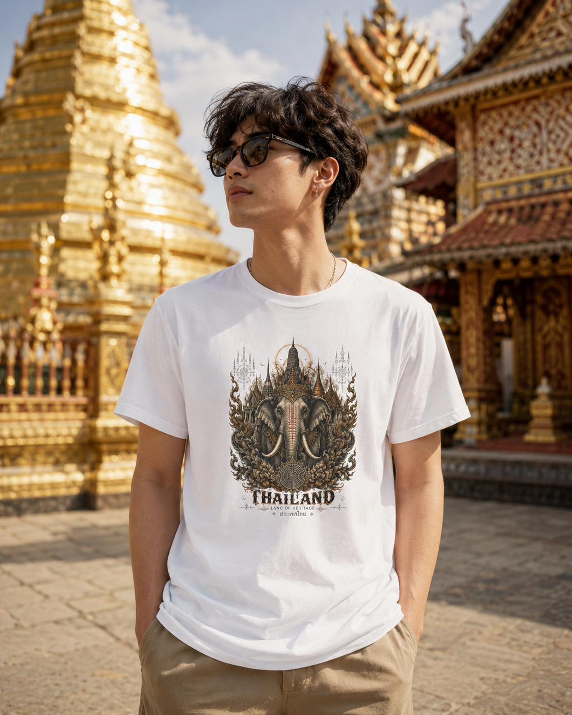 Thailand Elefant T-Shirt Lifestyle Mockup – Wild Boys Streetwear am Thai Tempel
