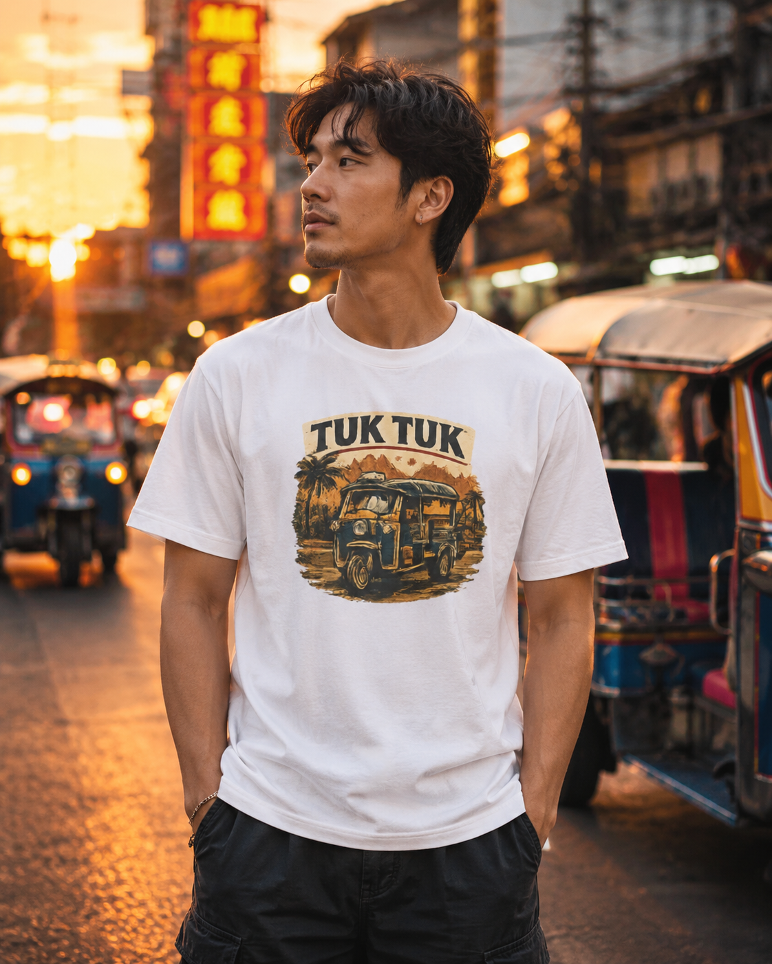 Tuk Tuk T-Shirt am Model — Vintage Thailand Streetwear auf Bangkok Strasse bei Sonnenuntergang