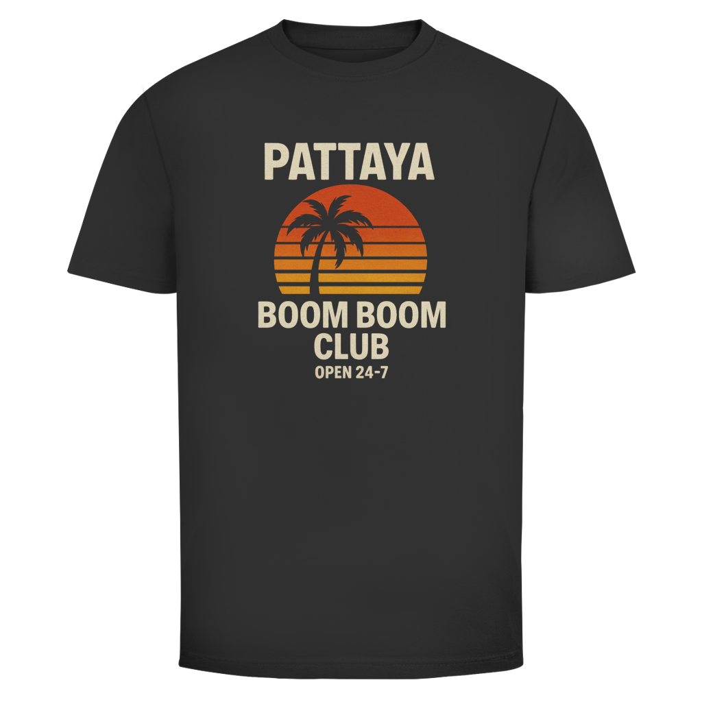 Pattaya Boom Boom Club T-Shirt für Herren mit Sunset Palmen Motiv, Thailand Party Shirt im Retro Design für Urlaub, Nachtleben und Streetwear