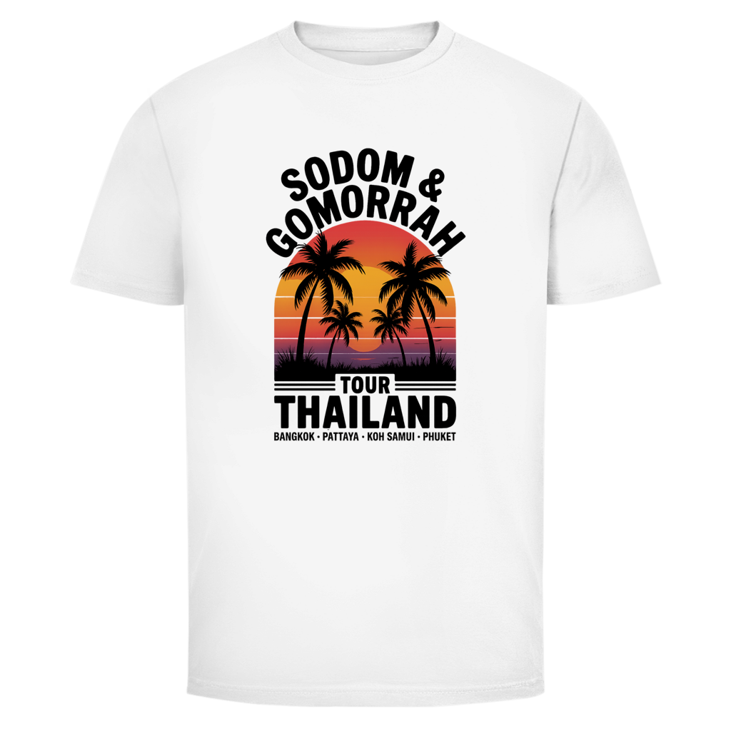 Weißes Herren T-Shirt mit Sodom & Gomorrah Thailand Tour Design, Retro Sonnenuntergang mit Palmen, Bangkok Pattaya Koh Samui Phuket Print, Streetwear Urlaubsshirt