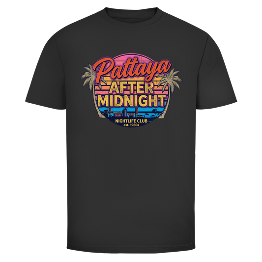 Pattaya After Midnight T-Shirt mit Retro-Sonnenuntergang Design, inspiriert vom Thailand Nightlife, Beach Party und tropischem Streetwear Stil