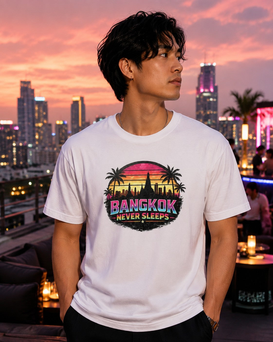 Bangkok Never Sleeps T-Shirt am Model — Mann trägt Retro Thailand Streetwear auf Bangkok Rooftop-Bar bei Sonnenuntergang