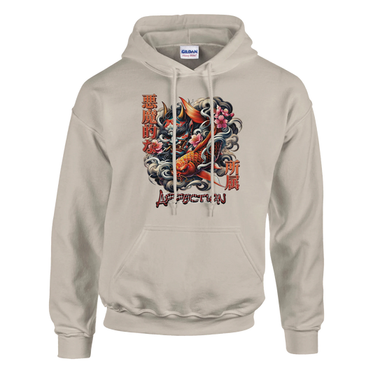 Teuflischer Koi Hoodie – Hoodie Designdetail Nahaufnahme