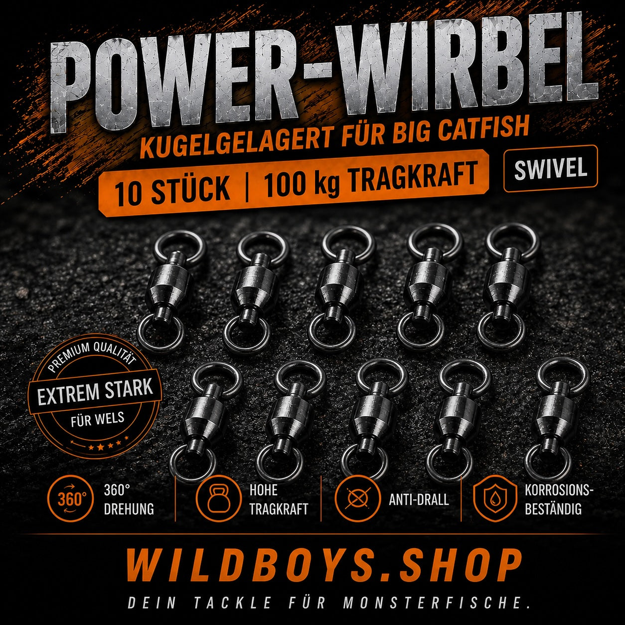 Power-Wirbel Wels 100 kg — Kugelgelagerter Edelstahl-Wirbel für Welsmontagen | Wild Boys Fishing