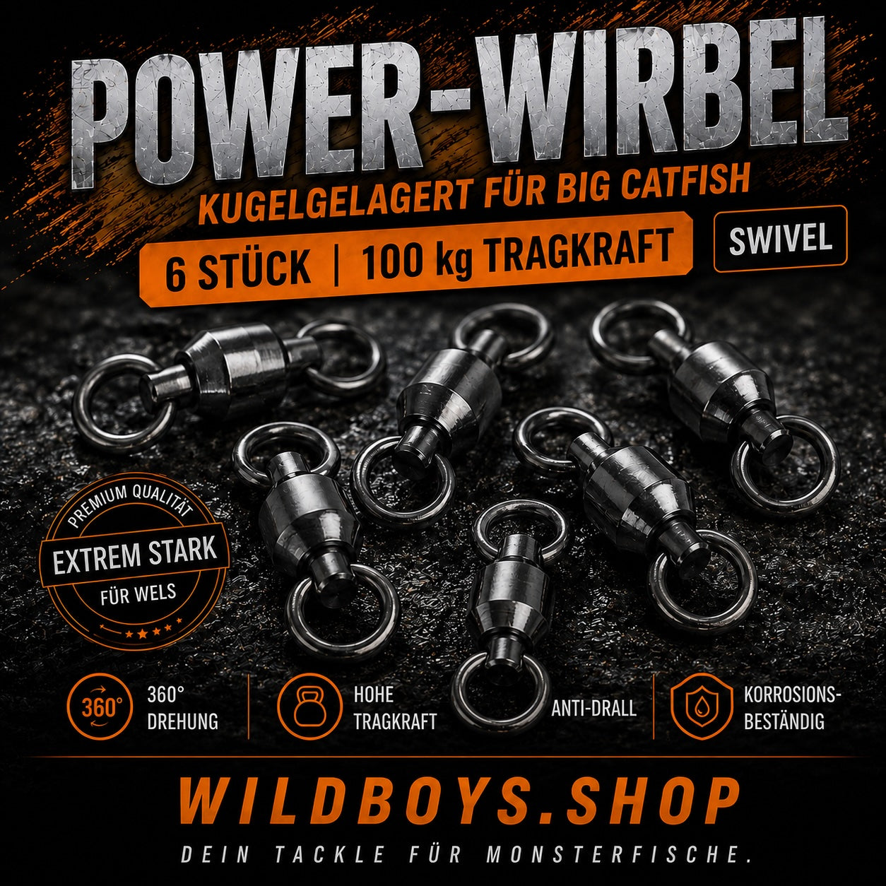 Power-Wirbel Wels 100 kg — Kugelgelagerter Edelstahl-Wirbel für Welsmontagen | Wild Boys Fishing