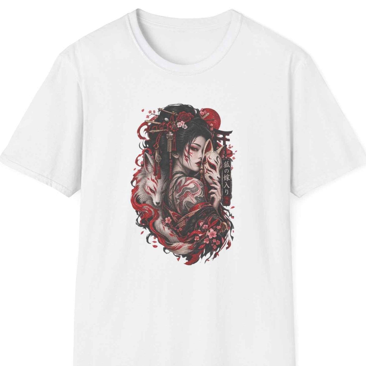 Geisha Kitsune T-Shirt weiß — Japanischer Fuchsgeist Streetwear Vorderansicht