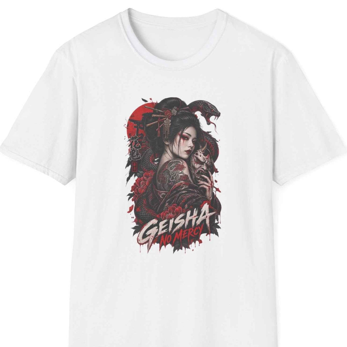 Geisha No Mercy T-Shirt weiß — Japanese Streetwear Tattoo Geisha Vorderansicht