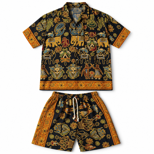 Golden Thai Herren-Set Schwarz/Gold: Hemd und Shorts auf weißem Hintergrund