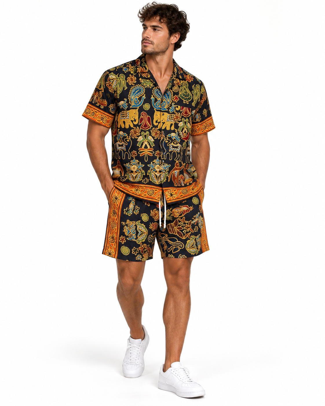 Golden Thai Herren-Set Schwarz/Gold am männlichen Model vor weißem Hintergrund