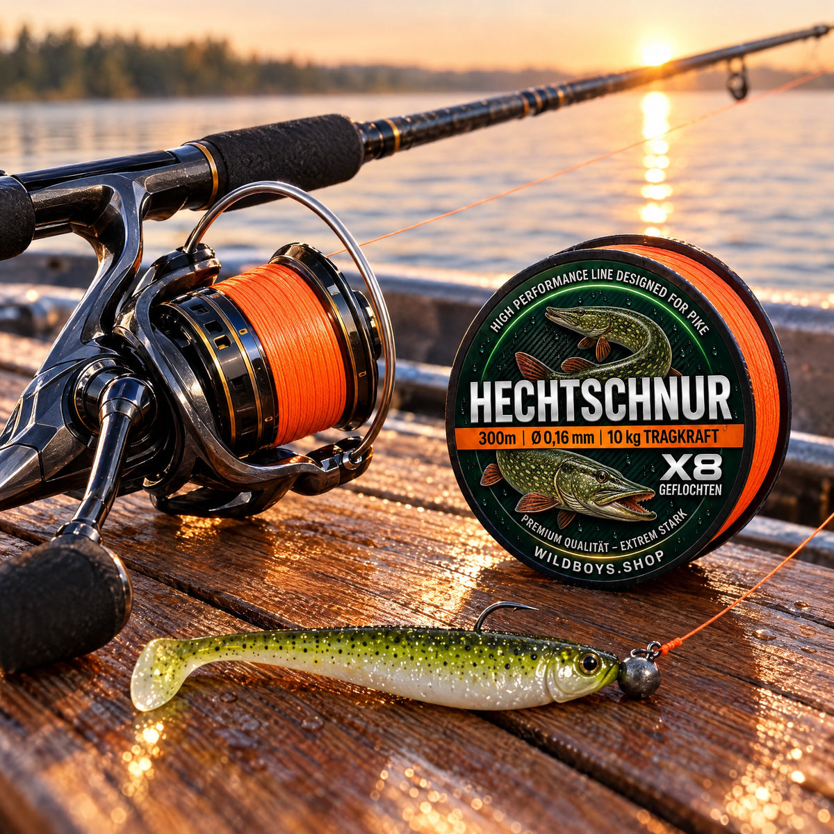 Hechtschnur orange auf Spinnrolle mit Gummifisch