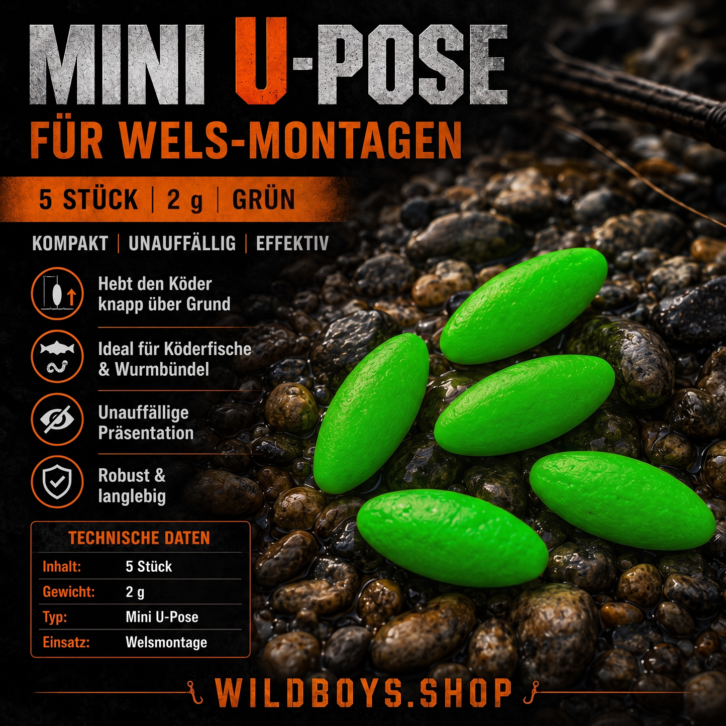 Mini U-Pose Wels 2g Grün 5 Stück – Unterwasserpose für Welsmontagen | Wild Boys Fishing