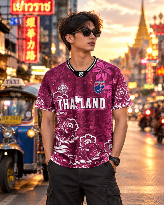 Illustratives Lifestyle-Mockup: Thailand Trikot Nr. 99 in Bordeaux mit Blumenmuster auf einer Straße in Bangkok