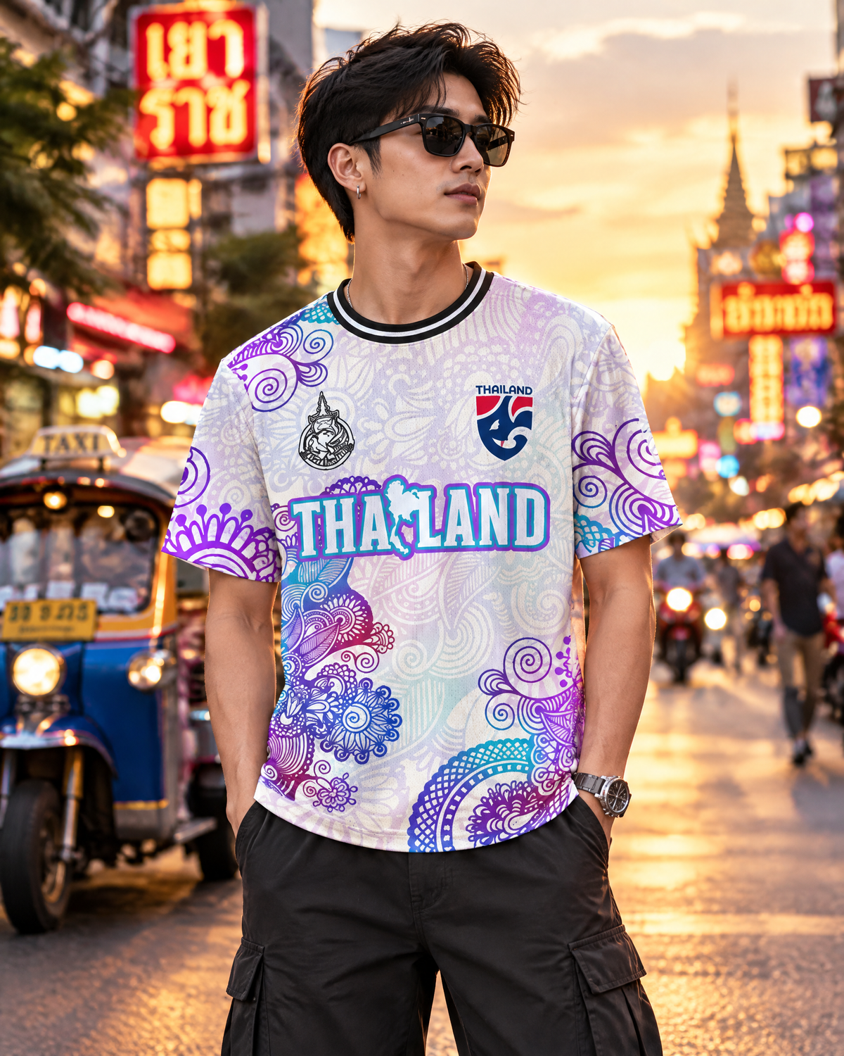 Illustratives Lifestyle-Mockup: Thailand Trikot Nr. 99 in Lila Mandala auf einer Straße in Bangkok