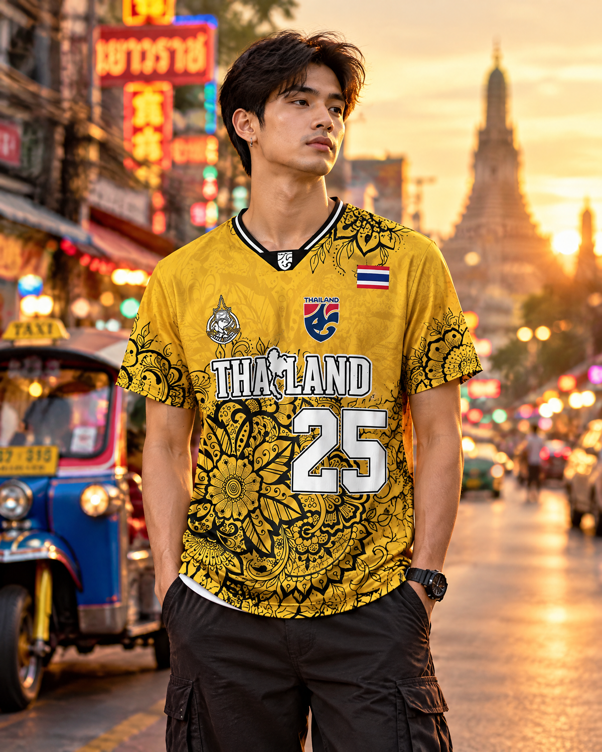 Illustratives Lifestyle-Mockup: Thailand Trikot Nr. 25 in Gelb Gold auf einer Straße in Bangkok
