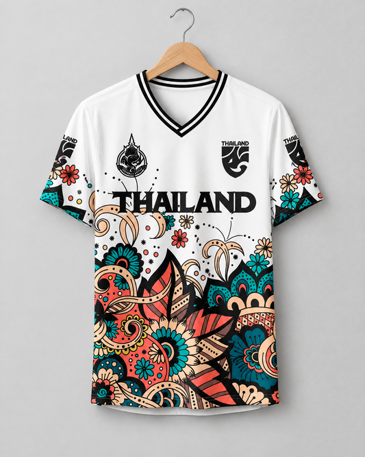 Illustratives Produkt-Mockup: Thailand Trikot Nr. 10 Weiß Elefant Blumen auf Kleiderbügel