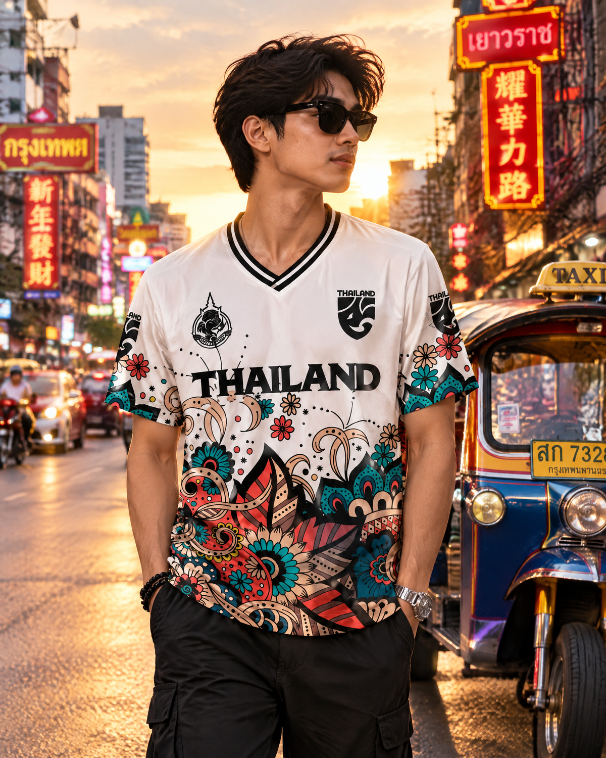 Illustratives Lifestyle-Mockup: Thailand Trikot Nr. 10 in Weiß mit Elefanten-Blumenmuster auf einer Straße in Bangkok