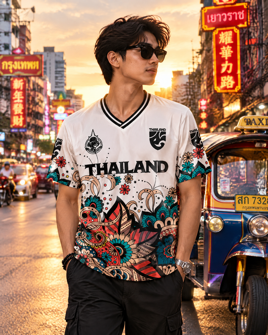 Illustratives Lifestyle-Mockup: Thailand Trikot Nr. 10 in Weiß mit Elefanten-Blumenmuster auf einer Straße in Bangkok