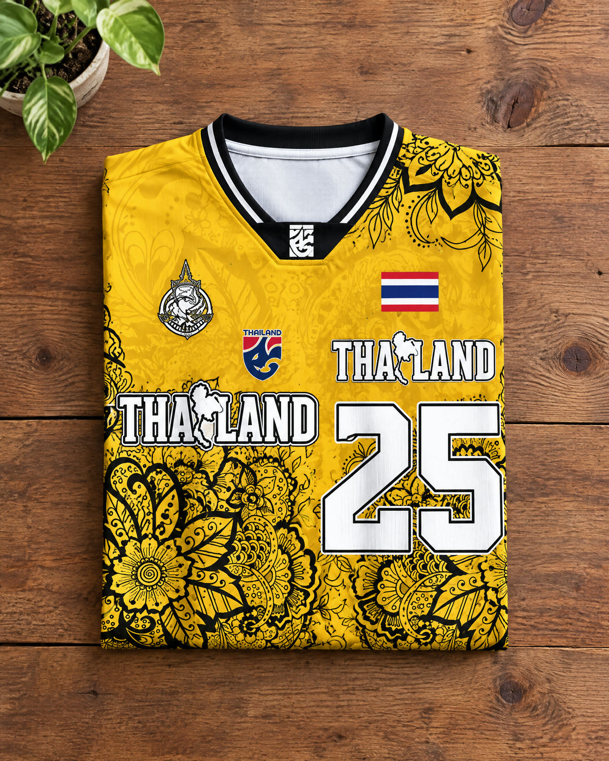 Illustratives Produkt-Mockup: Thailand Trikot Nr. 25 Gelb Gold gefaltet auf Holztisch