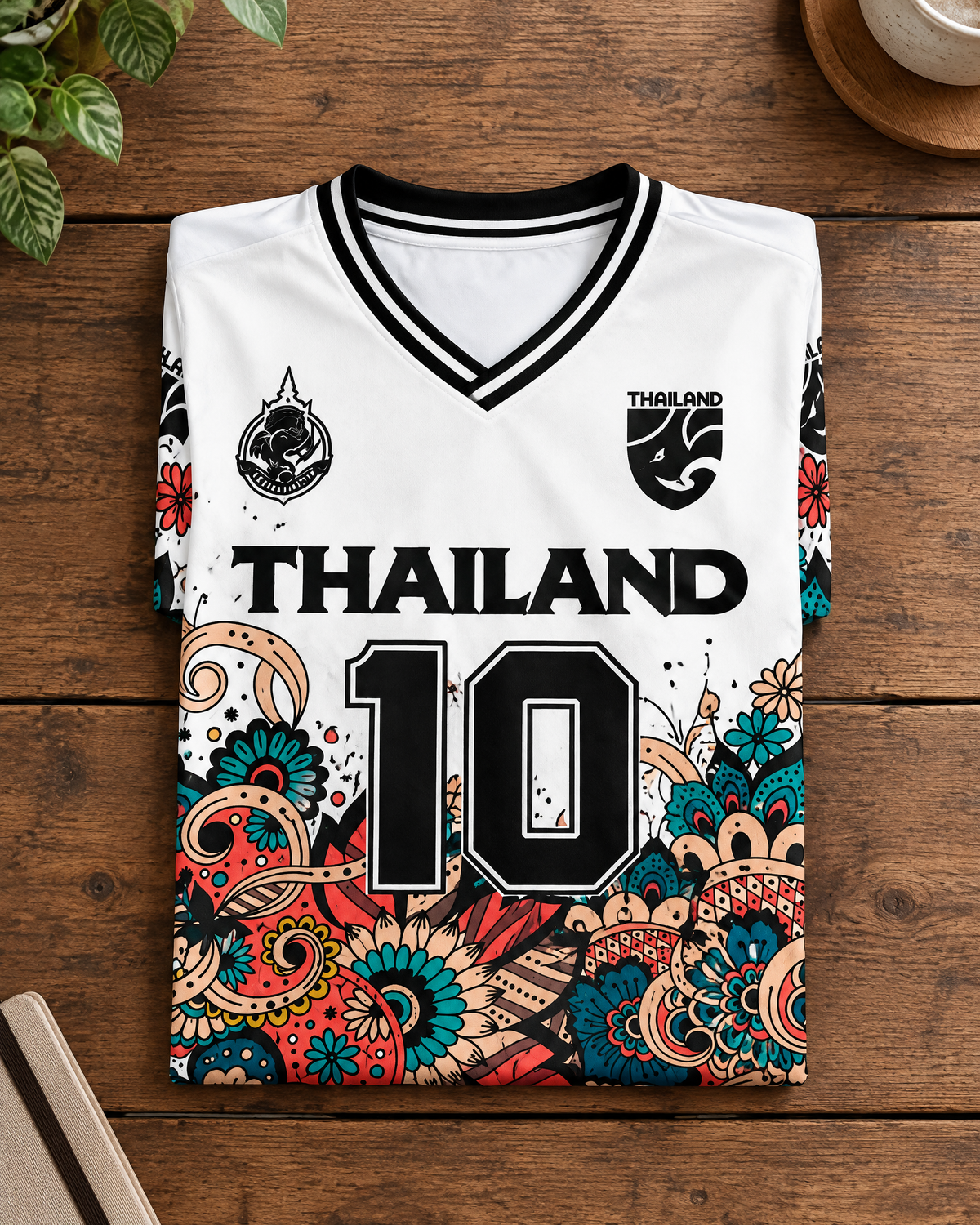 Illustratives Produkt-Mockup: Thailand Trikot Nr. 10 Weiß Elefant Blumen gefaltet auf Holztisch