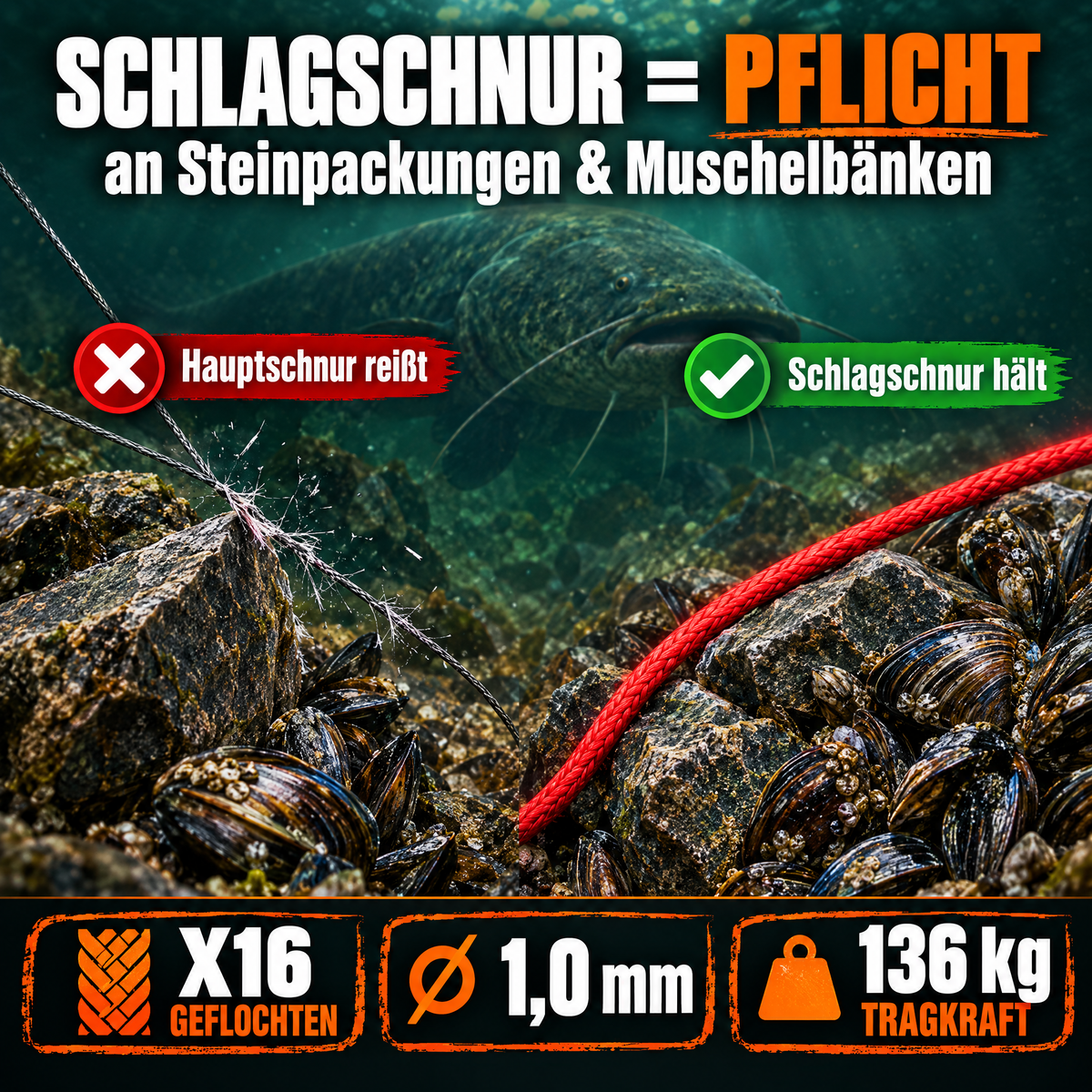 Schlagschnur Pflicht an Steinpackungen und Muschelbänken – rote Schlagschnur Wels