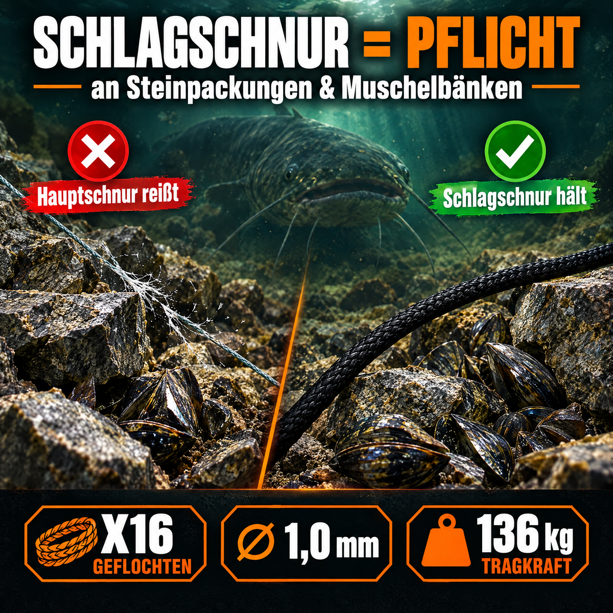 Schlagschnur Pflicht an Steinpackungen und Muschelbänken – schwarze Schlagschnur Wels