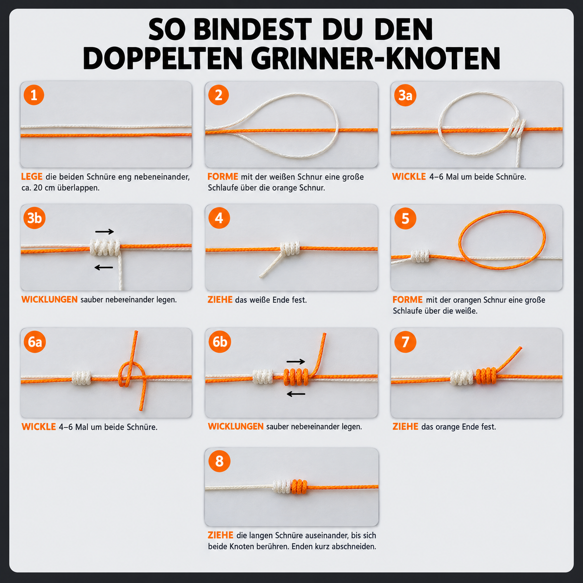 Doppelter Grinner-Knoten Anleitung: zwei Schnüre sicher verbinden in 8 Schritten