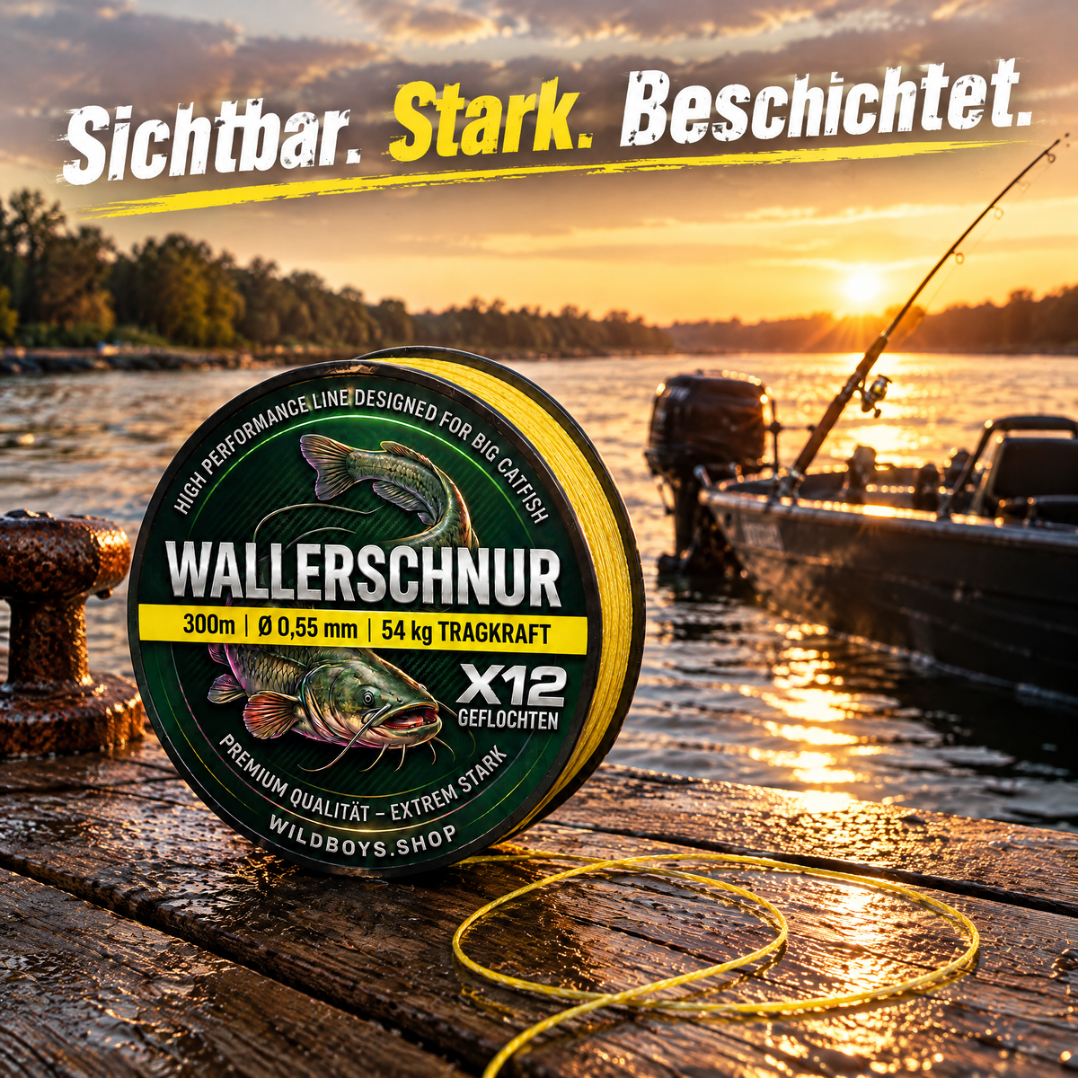 Mega X12 gelbe Wallerschnur im Einsatz am Fluss