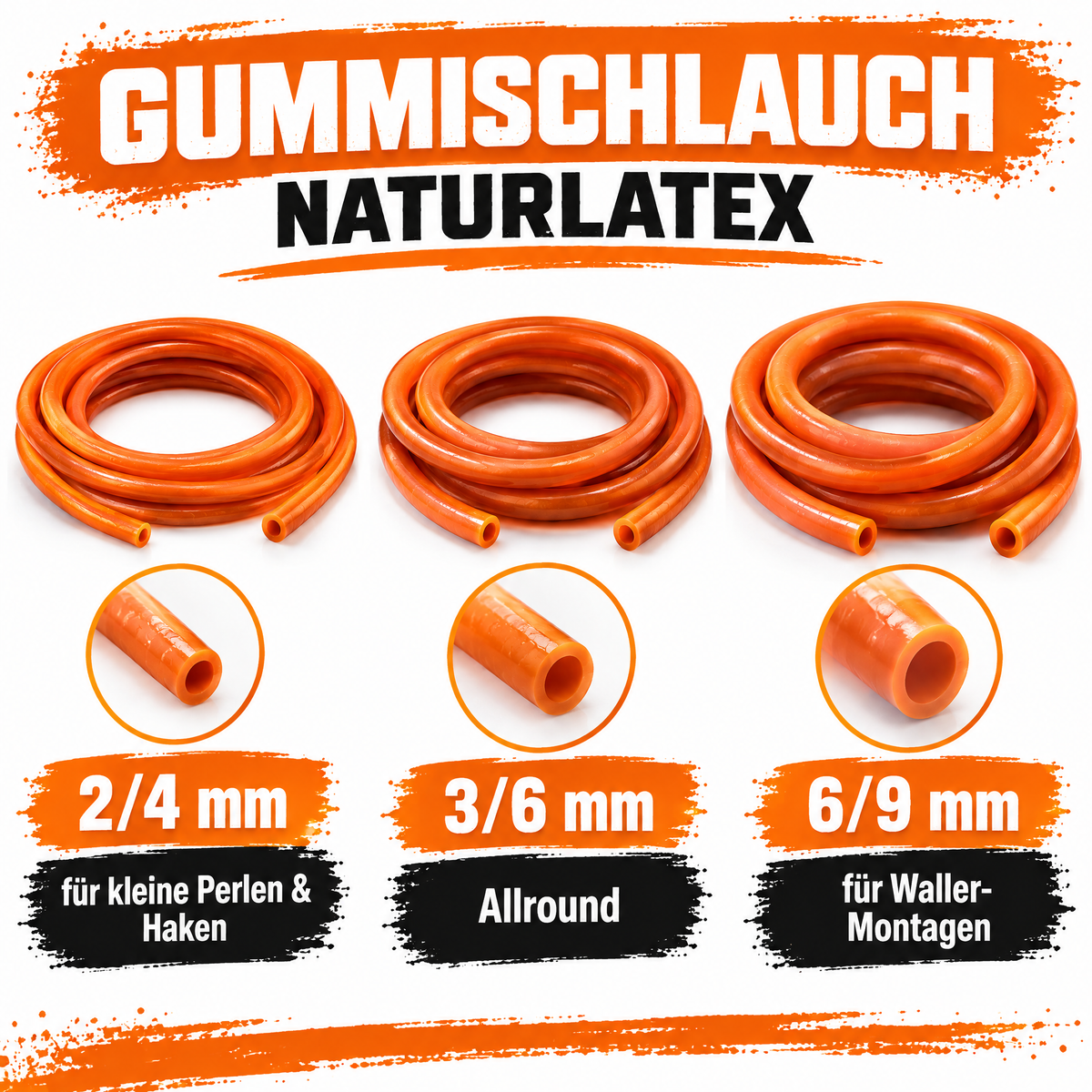 Gummischlauch Naturlatex in drei Größen 2/4 mm, 3/6 mm, 6/9 mm