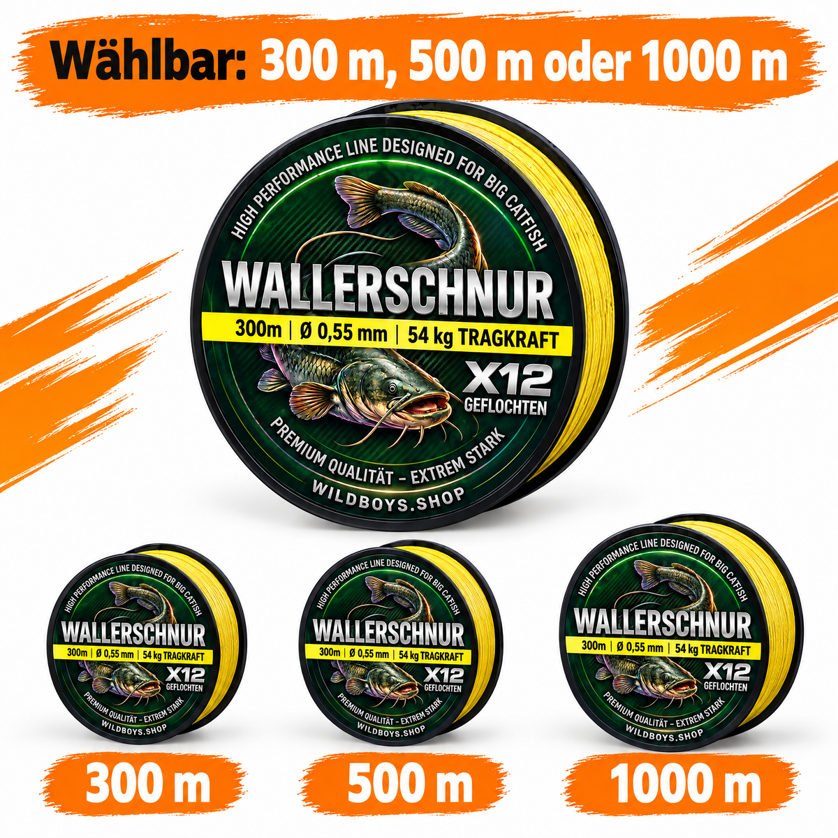 Wild Boys Mega X12 Wallerschnur gelb – wählbar 300 m, 500 m oder 1000 m