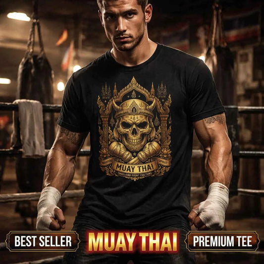 Muay Thai Skull T-Shirt — Thailand Fighter Totenkopf Graphic Tee | Kampfsport Geschenk – T-Shirt Designdetail Nahaufnahme