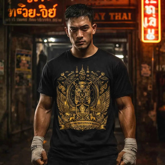 Tiger Dragon T-Shirt — Golden Warrior Thailand Streetwear Graphic Tee | Geschenk fuer Ihn – T-Shirt Designdetail Nahaufnahme