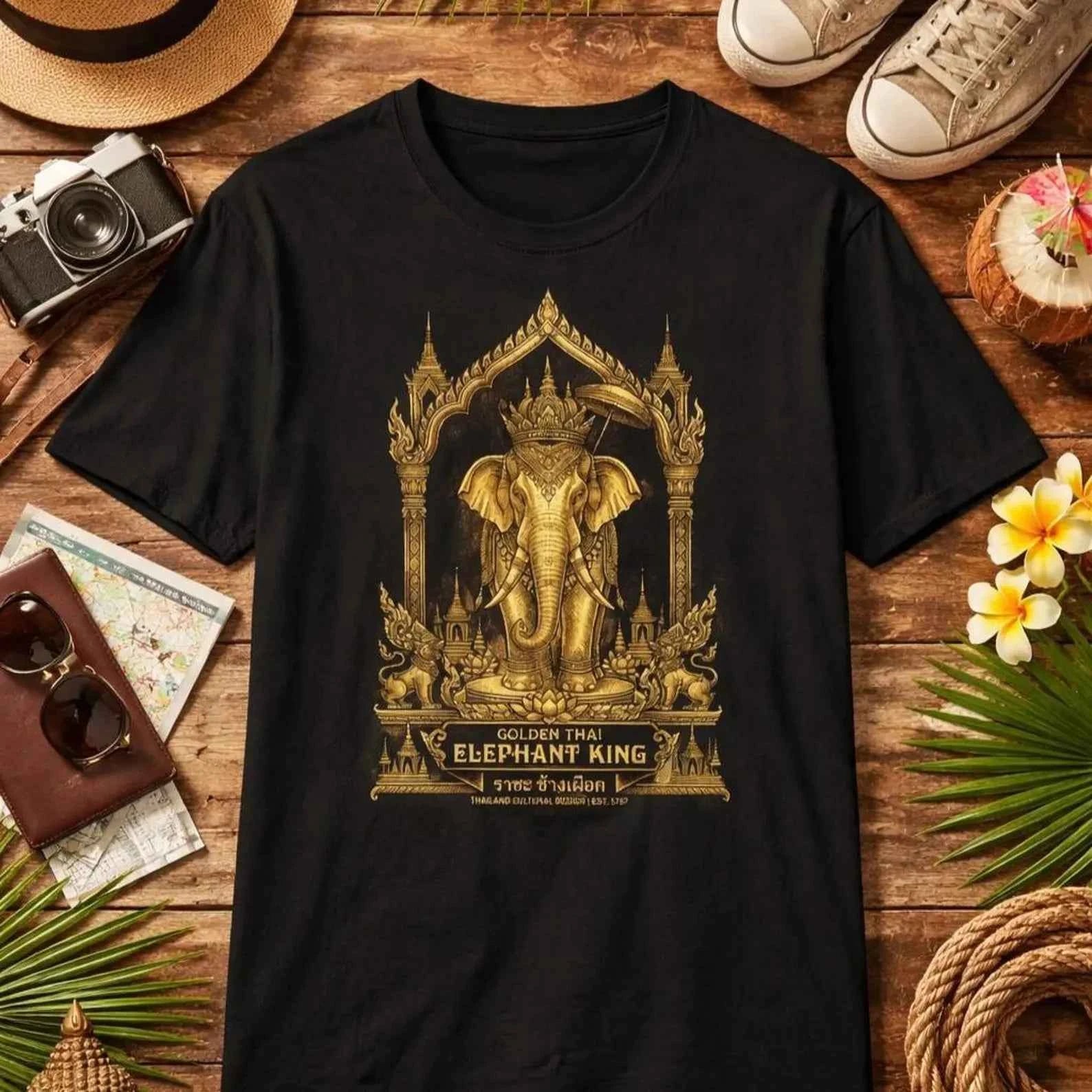 Thai Elephant T-Shirt — Golden Temple Thailand Graphic Tee | Elefant Geschenk – T-Shirt Designdetail Nahaufnahme