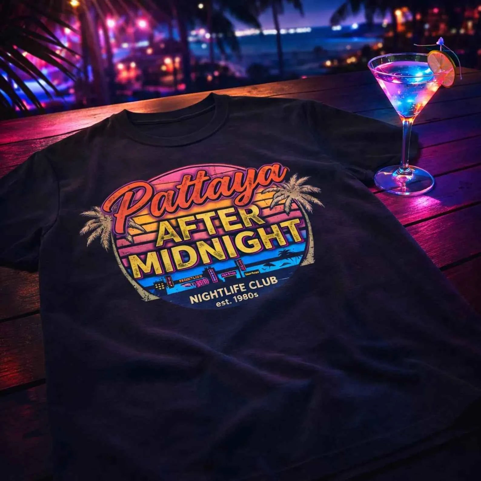 Pattaya After Midnight T-Shirt — Thailand Nightlife Retro Sunset Graphic Tee | Reise Geschenk – T-Shirt Designdetail Nahaufnahme