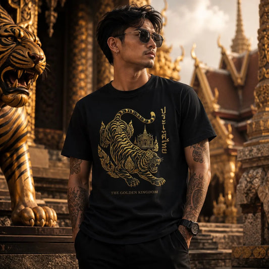 Tiger T-Shirt — Thailand Sukajan Gold Streetwear Graphic Tee | Geschenk fuer Ihn